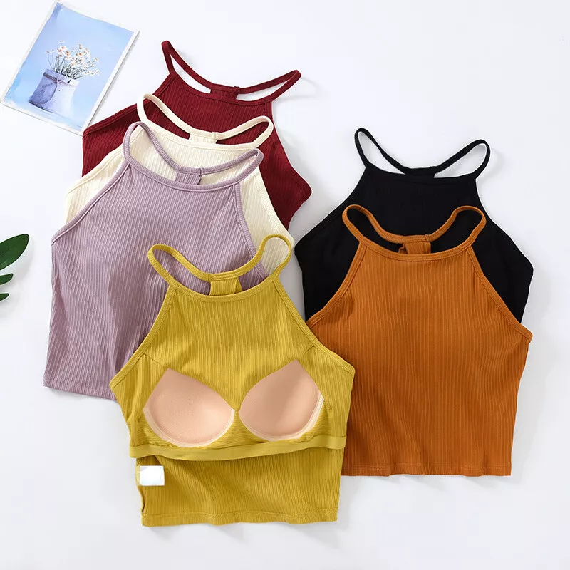 Women Halter Neck Crop Tank Top Vest Camisole Built In Bra