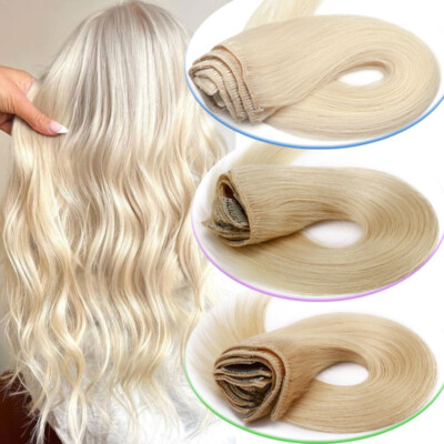 Clip in Hair Extensions Real Human Hair Weft Full Head 16 18 Inch Blond 8 Pieces