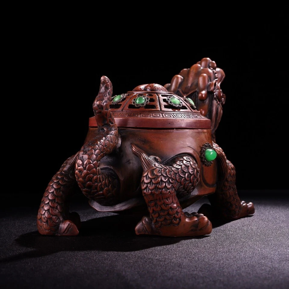 Joias incrustadas manuais antigas de cobre vermelho oito trigramas, queimadores de incenso de tartaruga dragão - Imagem 4 de 4