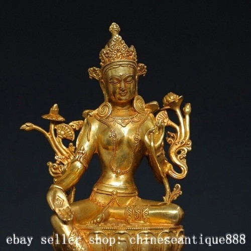 8.2" Old Tibet Bronze Gilt Green Tara Mahayana Buddhism Goddess Buddha Statue - Picture 2 of 9