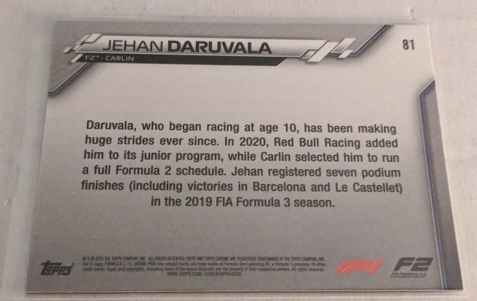 2020 Topps Chrome Formula 1 #81 Jehan Daruvala Carlin Team Car - Image 2 of 2