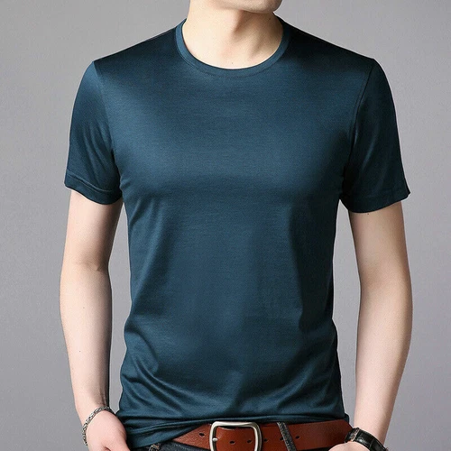 Top de seda color liso cuello redondo de verano manga corta para hombre M-3XL - Imagen 12 de 24