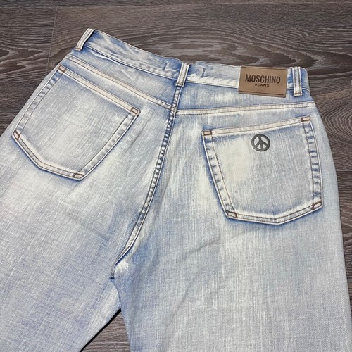 Vintage MOSCHINO JEANS Peace Love Metal Logo Washed Blue Denim Jeans size 34 - Picture 10 of 16