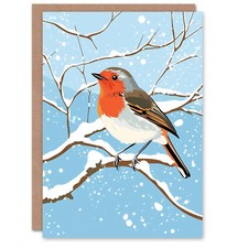 Robin Bird Snow Winter Tree Branch Christmas Fun Gift Festive Xmas Card