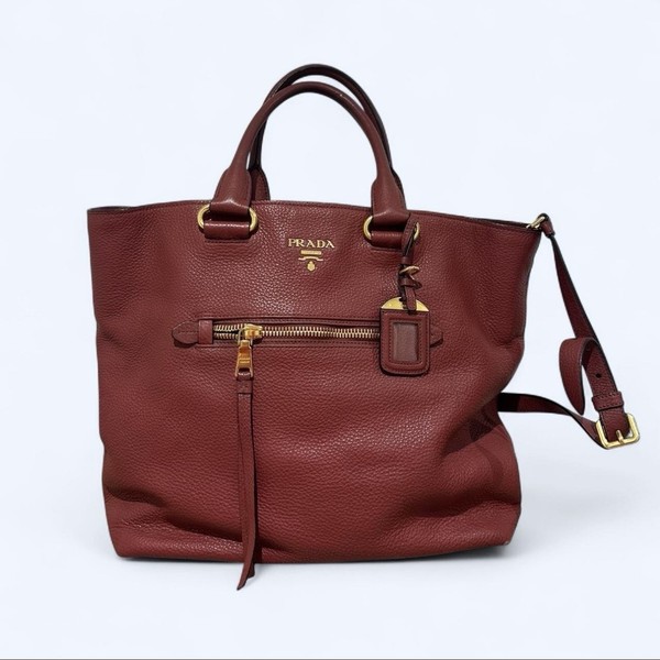 PRADA Burgundy Pebbled Leather Medium Satchel Bag Zip w Detachable Strap