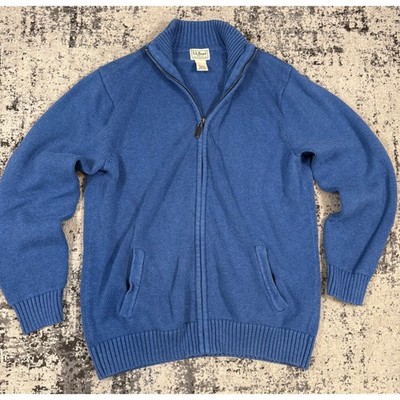 L.L.Bean Mens MT Blue Full Zip Mock Neck Cotton Cardigan Sweater Pockets