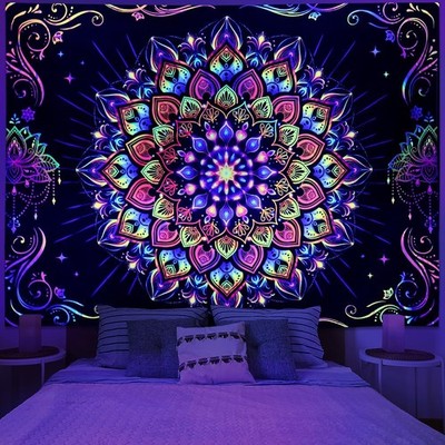 Amtoodopin Blacklight Mandala Tapestry UV Reactive 59.1''L x 51.2''W, 
