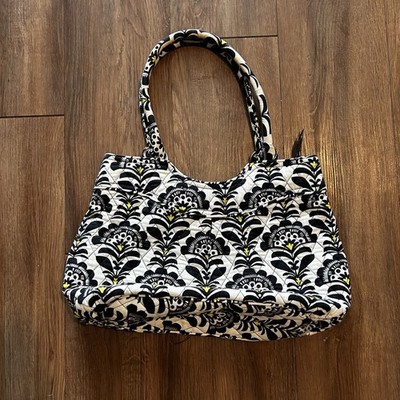 Vera Bradley Large Black White Yellow Pleated Tote Bag Purse Fanfare Zip