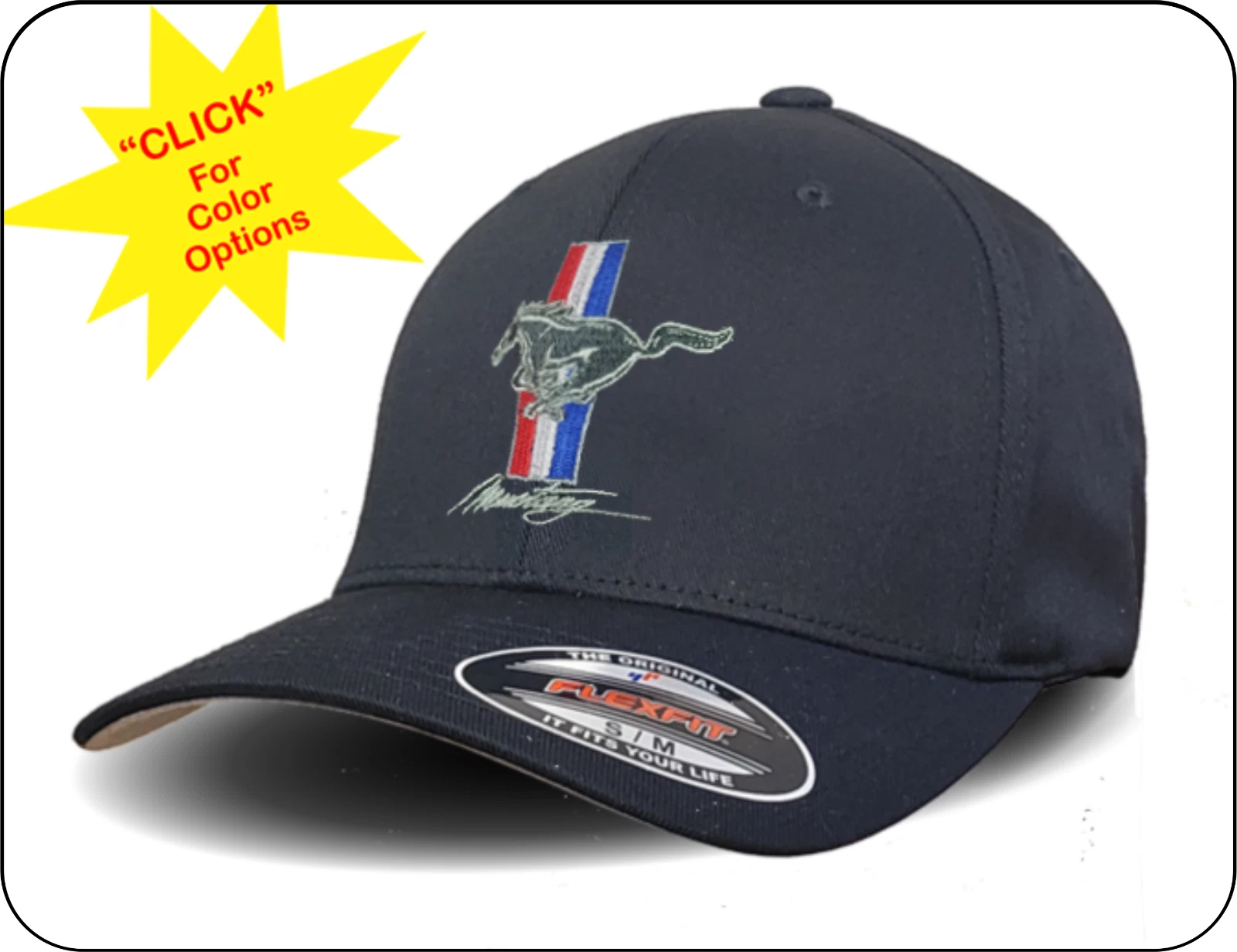 Classic Ford Mustang Stripe Logo - Flexfit Hat/Cap - S/M & L/XL - Ford/Mustang