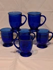 Set Of 6 Vtg Anchor Hocking Cobalt Blue Footed 5" Coffee Mugs
