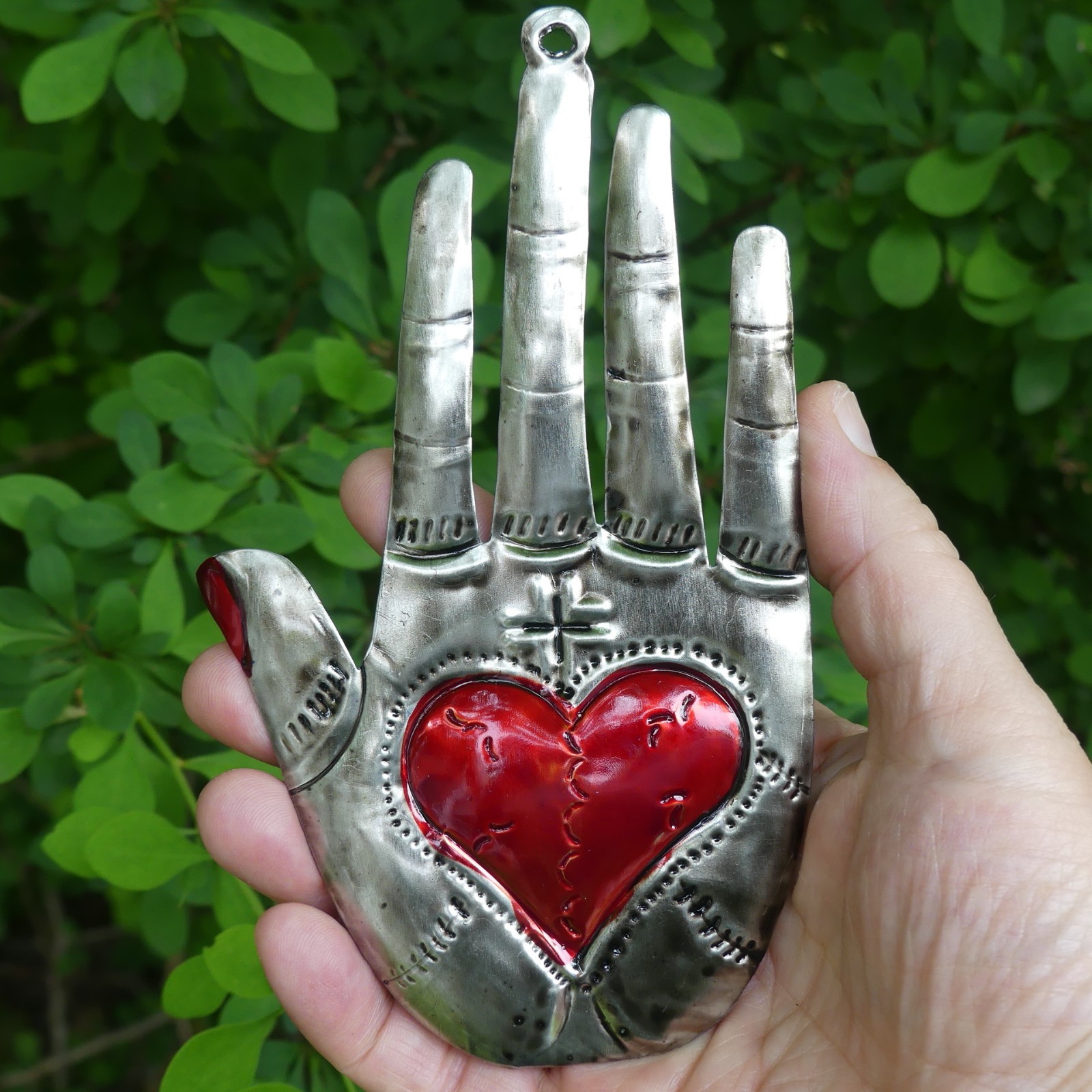 Sacred Milagro Heart in Hand Hamsa Ornament Mexican Folk Art Heart within a Hand