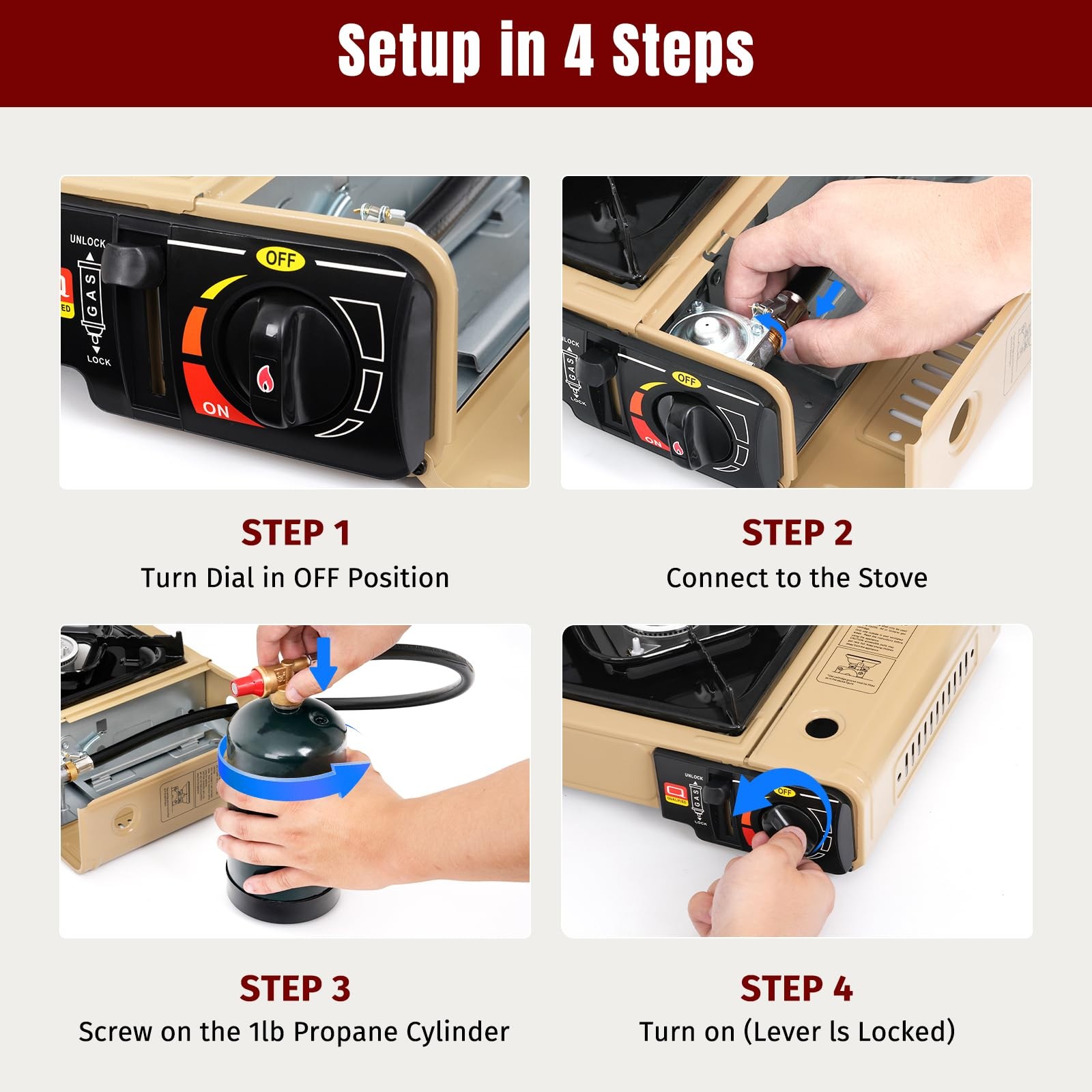 Dual Fuel Stove Portable Camping Stove w/Case+Wind Guard+26" Propane Hose, Khaki