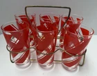 6 VINTAGE DRINKING GLASSES / TUMBLERS IN WIRE CADDY..RED..MID CENTURY