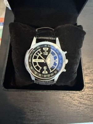 Modiya Round Quartz Analog Tachymeter Wristwatch Black/Blue Dial Leather Strap