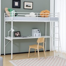 High Sleeper Bunk Bed Loft Cabin Bed Metal Frame Desk Kids Single With LED White