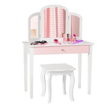 COSTWAY Kids Vanity Table & Stool Set Princess Makeup Dressing Table w/ Drawer