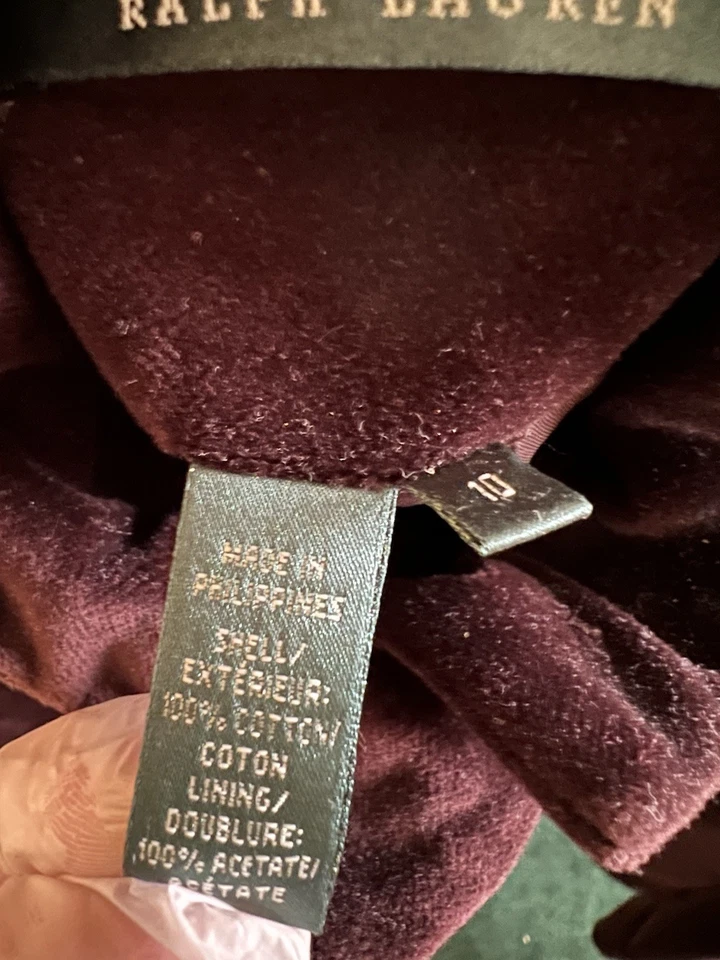 Abrigo Ralph Lauren Vintage Años 90 Berenjena/Púrpura Oscuro Algodón Terciopelo Talla 10 Foto 3 de 4