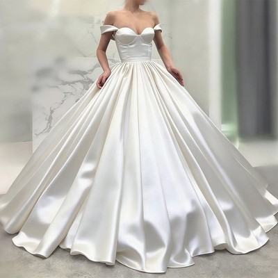 Elegant Satin Wedding Dresses Off Shoulder Sweep Train Bridal Gowns White  Ivory | eBay