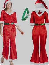 IKALI Santa Claus Costume Velour Jumpsuit Flared Pant Sequin Belt Women Small