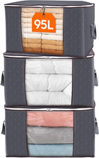 3 Pack 90L Clothes Storage Bins with Lids, Foldable Blanket Storage Bags with Zi