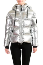 Plein Sport Women's Silver Hooded Logo Print Zip Up Parka Jacket