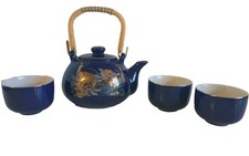 VTG Japanese Style Cobalt Blue W/ Hand-Painted Gold Designd Tea Pot  3 Cups.