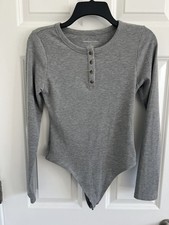 American Eagle Ribbed Long Sleeve Bodysuit Grey Henley Button Front, Size Large