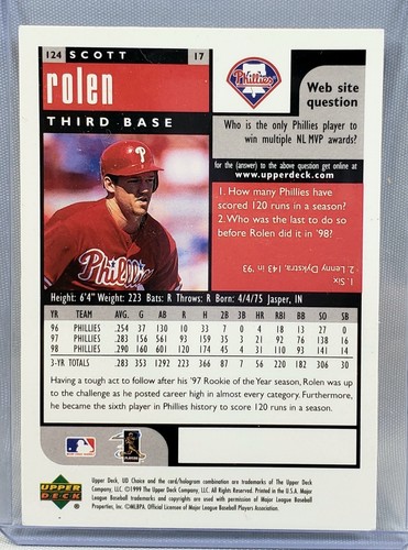 Upper Deck Choice SCOTT ROLEN Card #124 | 1999 MLB Baseball Phillies - Picture 2 of 2