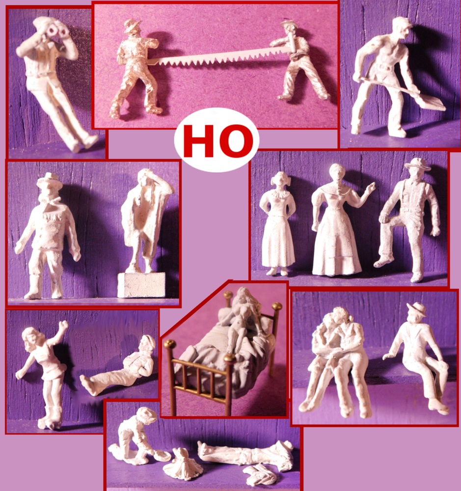 U-pick HO train scene people Roller skating gal Digging man Campers Loggers saw