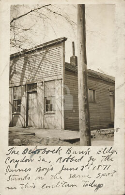 Ocobock Bank  Corydon, IA robbed by the James Boys 1908 RPPC Photo Postcard Copy