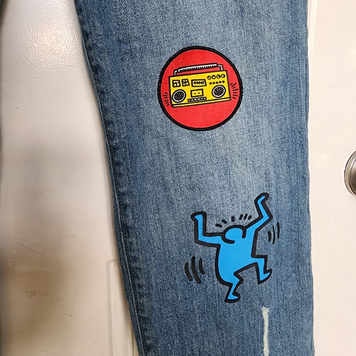 Keith Haring Alice + Olivia Patch Jeans Byron Cropped Embroidery