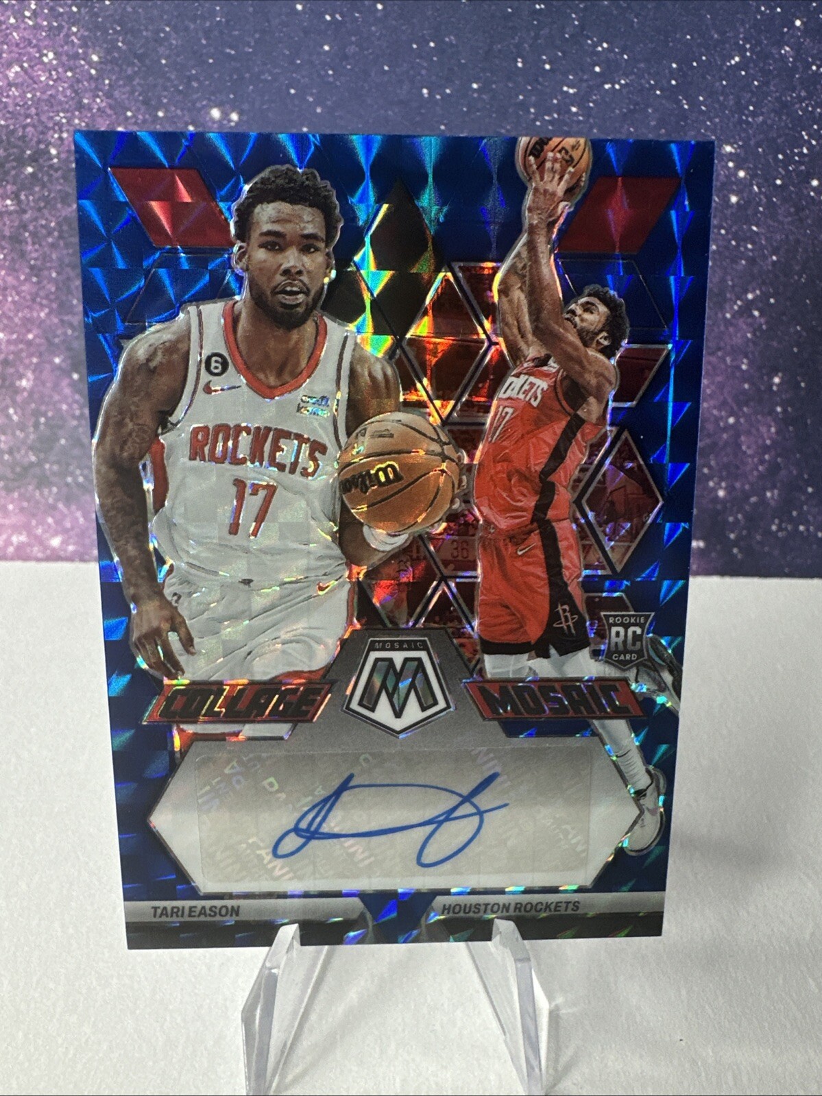 2022-23 Mosaic Tari Eason Collage Blue Mosaic Prizm Rookie Auto RC 3/49 Rockets