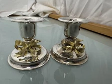  Vintage Silverplate Candlestick Holder W/ Goldtone Bow Decoration Matching Set 