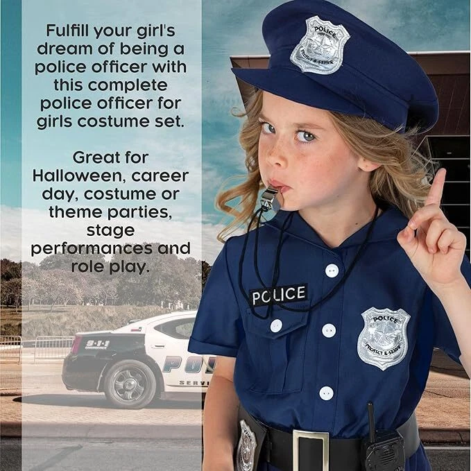 Girl s Navy Blue Police Costume + Toys Kids Officer Cop Uniform Dress Halloween - Image 4 of 4