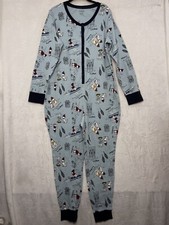 LL Bean Women Pajama 1X Plus Waffle Long Sleeve Blue One Piece Dog Sled Blue NEW