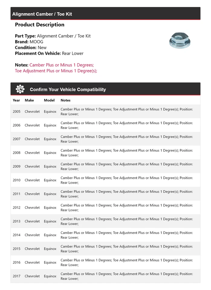 For 2005-2017 Chevrolet Equinox Alignment Camber / Toe Kit Rear Lower MOOG 2005 - Image 2 of 4
