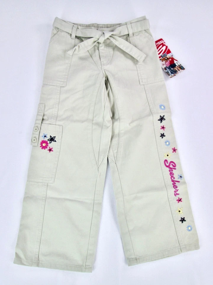 Pantalones cargo vintage Y2K Skechers niñas talla 6 caqui cinturón floral bordado nuevos Foto 2 de 4