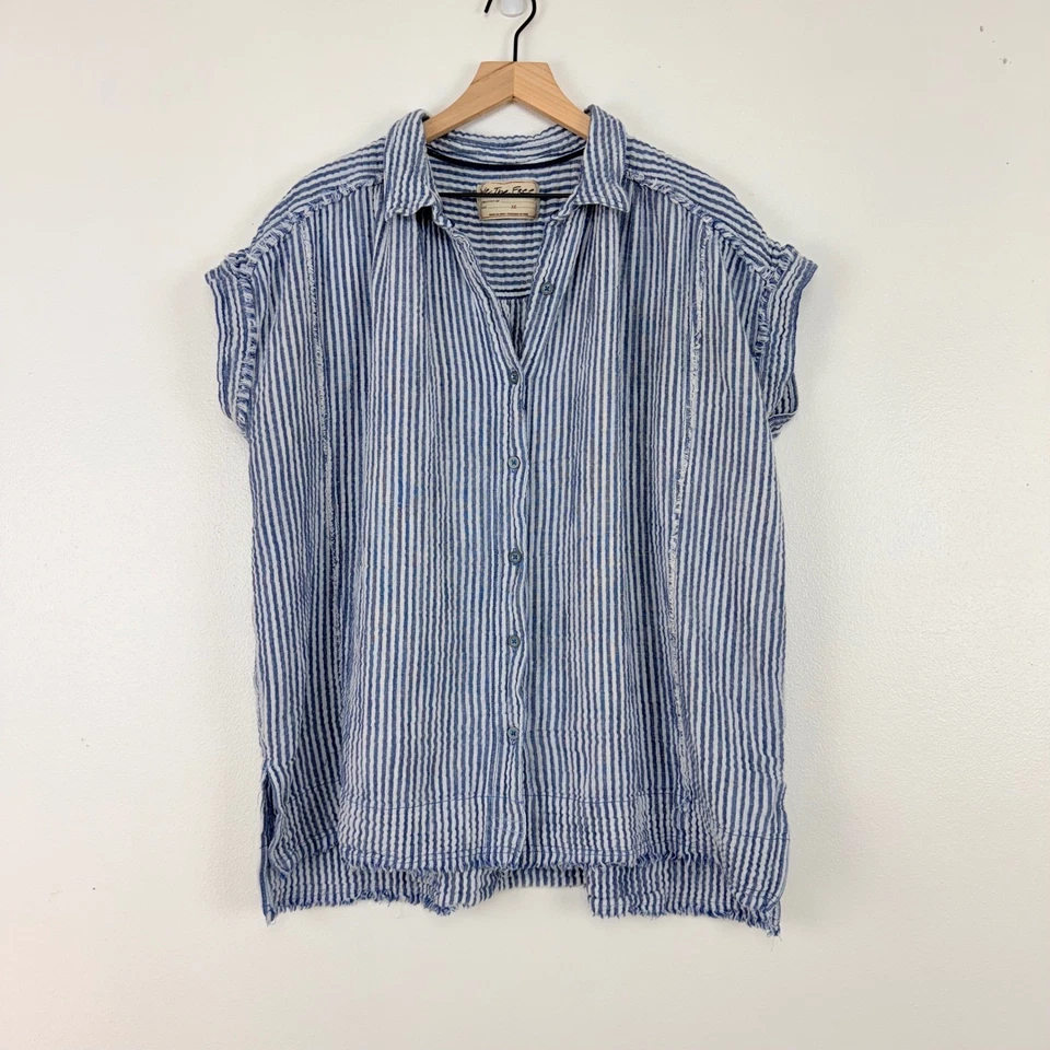 Camisa Free People de Gran Tamaño a Rayas XL Rayos de Sol Indigo Playa Boho Algodón Lino Foto 2 de 4