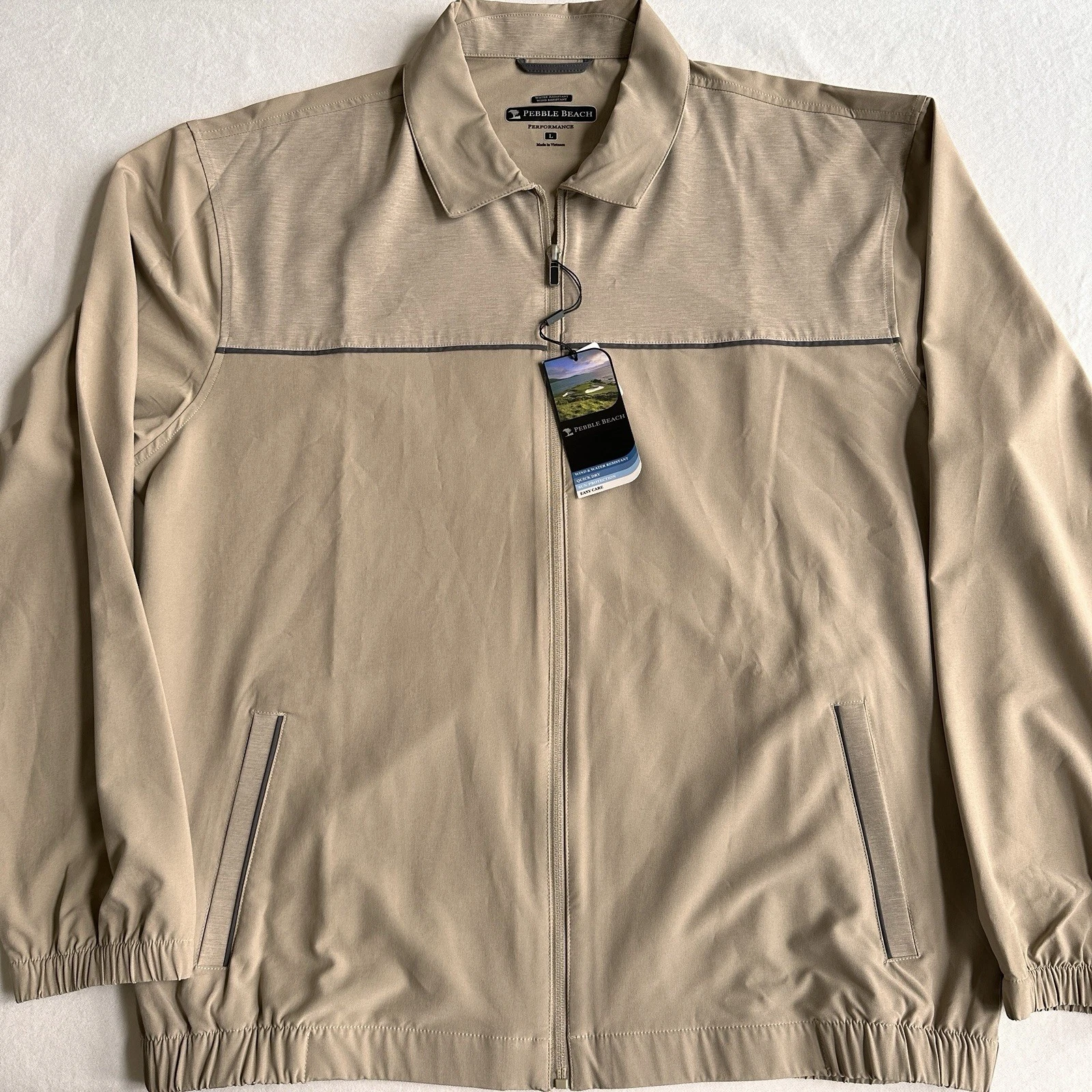 Pebble Beach Performance Full Zip Jacket Mens MEDIUM Beige Golf Water Resistant