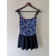 Vintage Sirena One Piece Navy Blue Floral Bathing Suit With Skirt Size 16