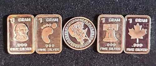 5 x 1 Gram .999 Fine Silver Bars and Round Lot Assorted Designs. Unique & Fun:)