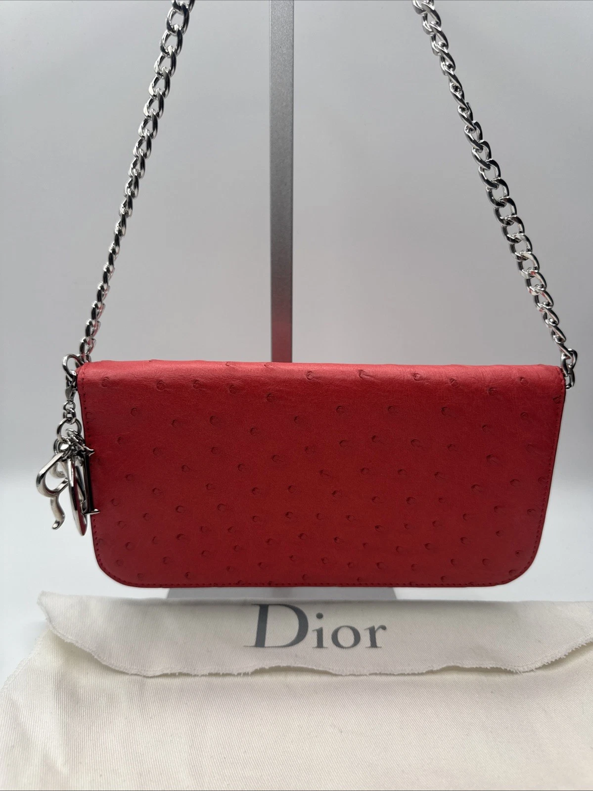 Dior — Christian Dior Pink/Grey Ostrich Leather Organizer Wallet With Charm & Chain