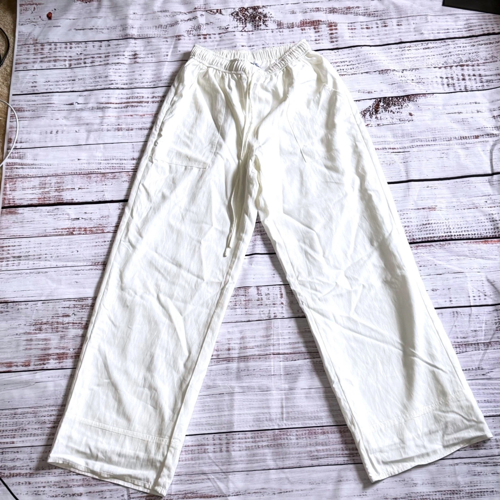 Grey Bandit White Wide Leg Drawstring Flowy Pants Small Relaxed Beachwear