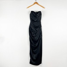 House Of CB Adrienne Strapless Draped Ruched Satin Maxi Dress Black XS