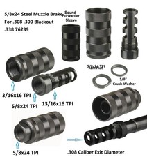 Steel Muzzle Brake 5/8x24 TPI W 13/16-16 Sleeve Sound Forwarder F 8.6mm Blackout
