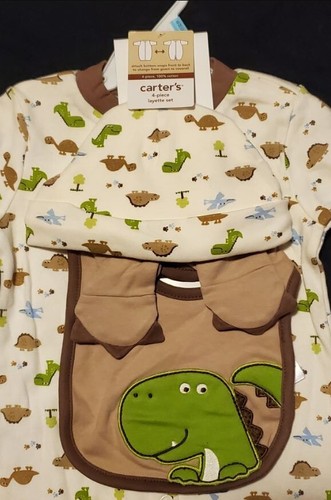 Carter's Baby Boy 4 Piece Layette Set Pajama Hat Socks Dinosaur Bib Size 6 Month - Picture 2 of 11