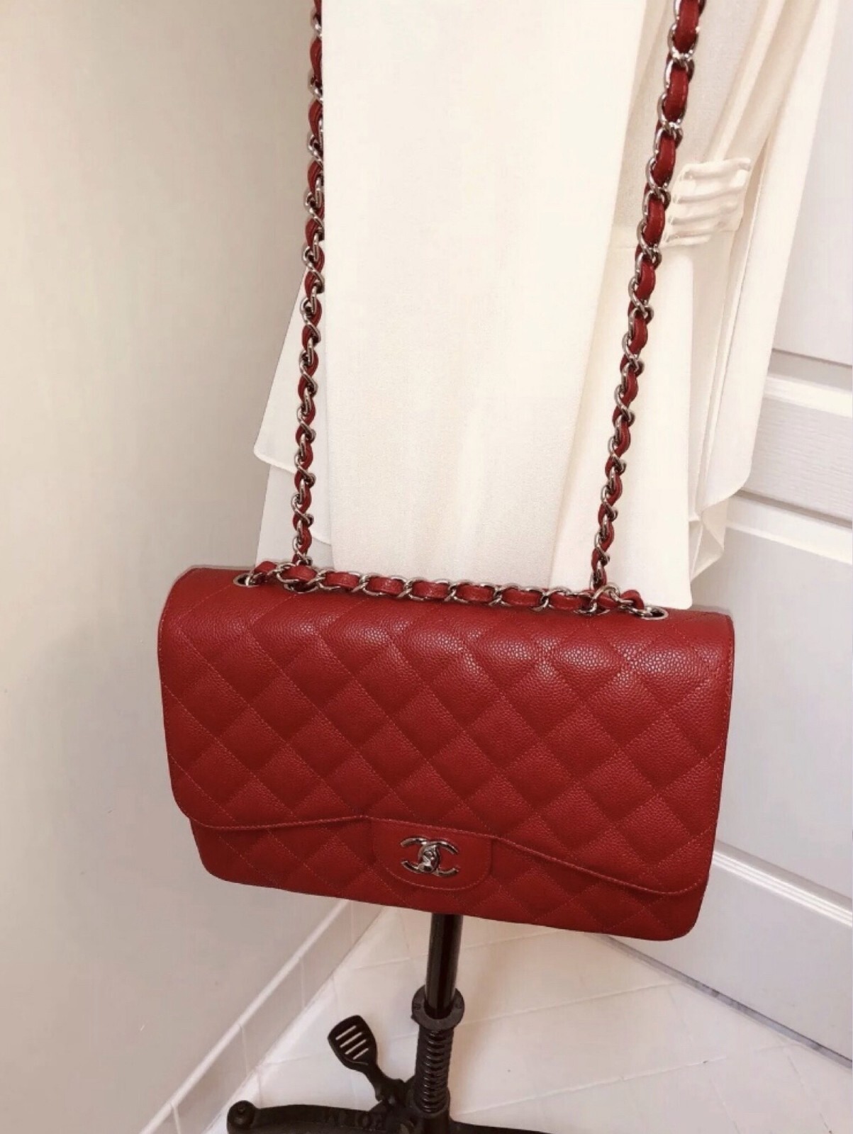RARE CHANEL 10C Red Jumbo Caviar Leather Single Flap Bag Silver AUTHENTIC image 4