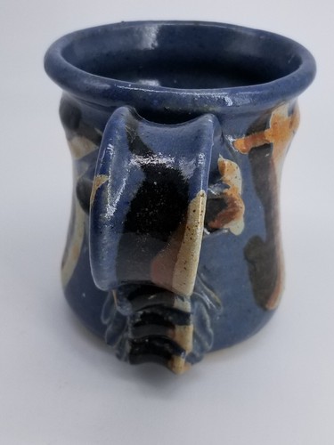 VINTAGE GEOMETRIC ART HANDMADE MUG CERAMIC.STUDENT ART. SIGNED.NAVY,BROWN,BEIGE. - Picture 7 of 9