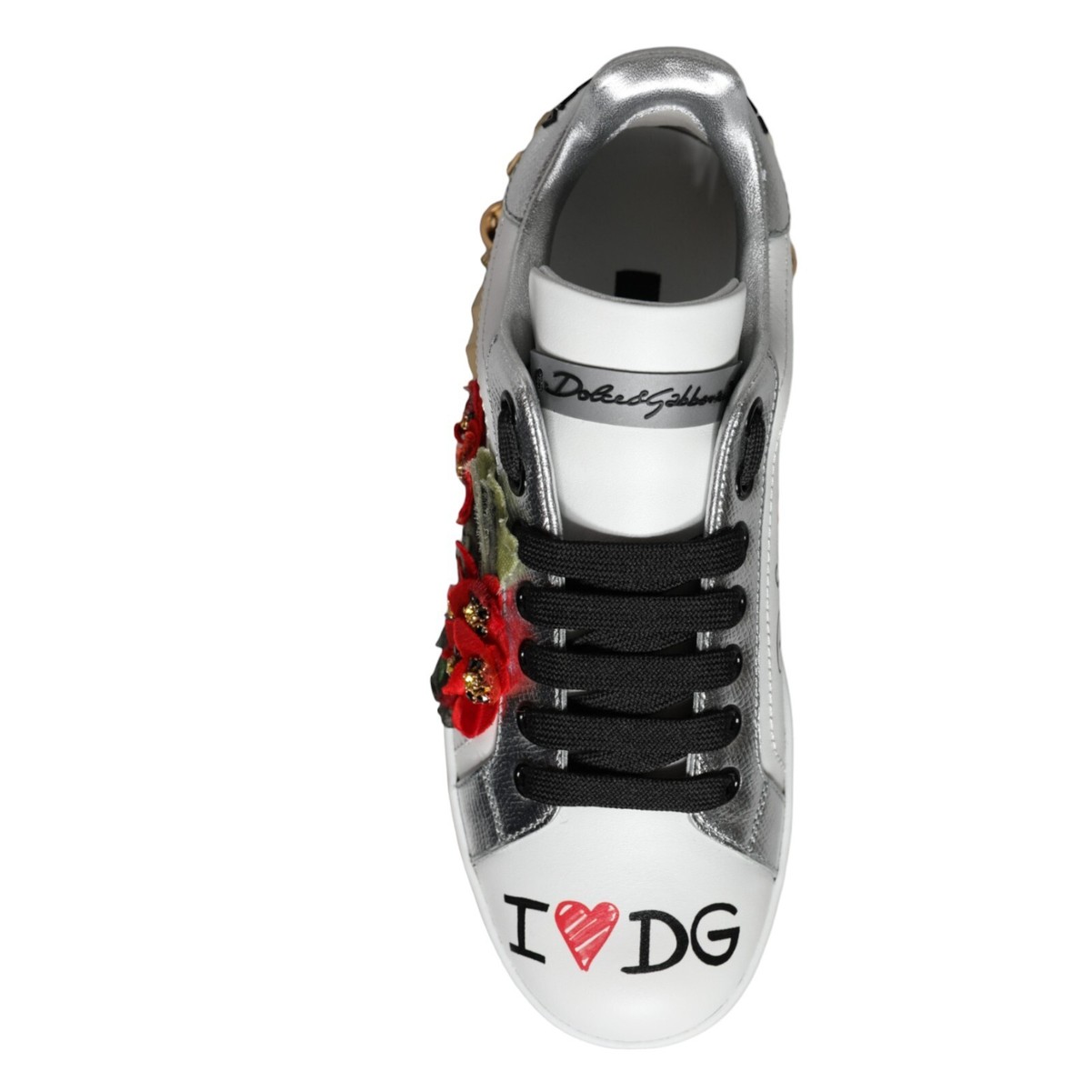 DOLCE & GABBANA Shoes White Leather Floral Studded Sneakers