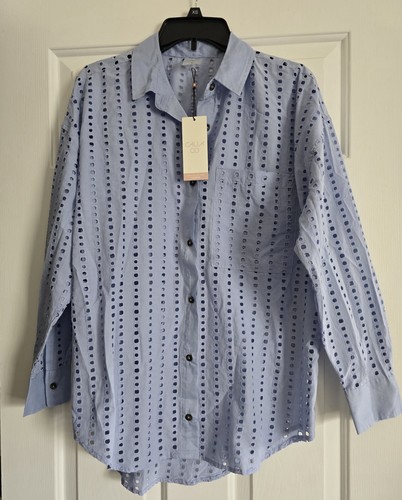 CALIA Womens Oversized Perforated Long Sleeve Button Down Shirt Size SMALL - 第 1/8 張圖片